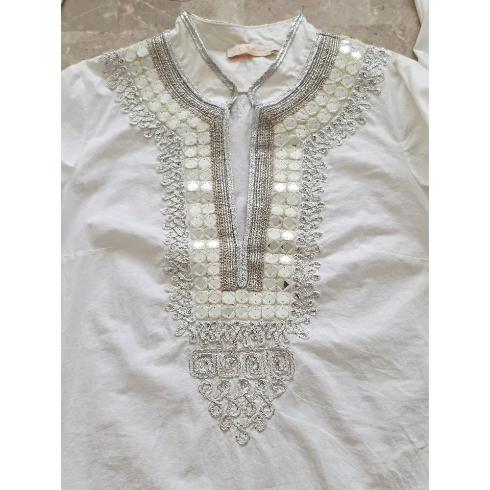 Tory Burch Ivory Cotton Mirror Embroidered Tunic Top Silver Metallic Womens 8